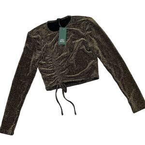 Wild Fable Women's Gold Sparkle Long Sleeve Ruched Cropped Shirt - Small - NWT